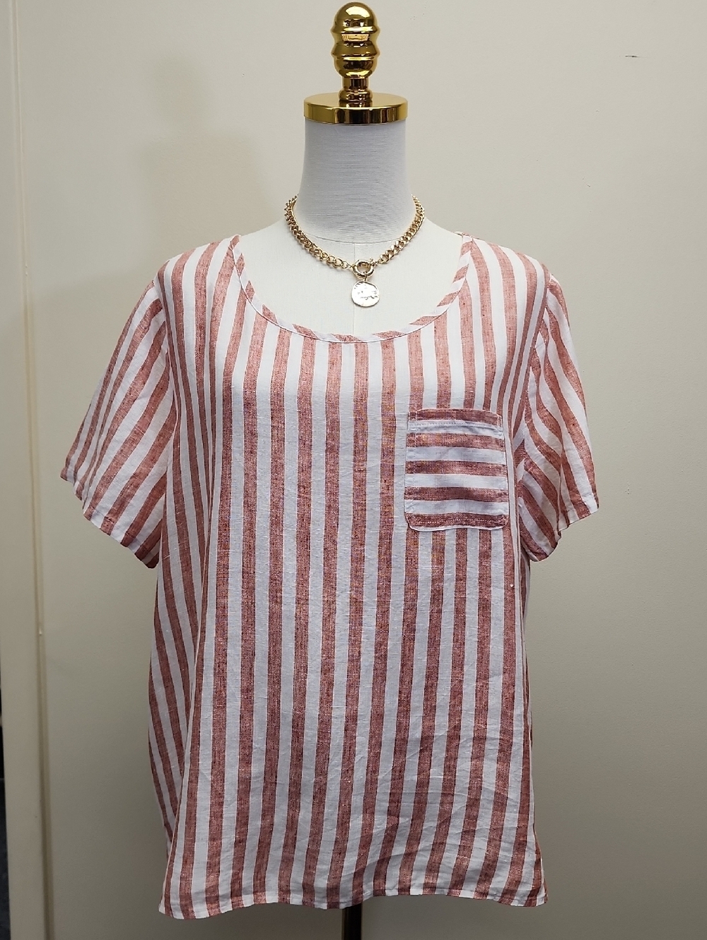 Christian Siriano Linen Striped Top Rose White Short Sleeve Size Large